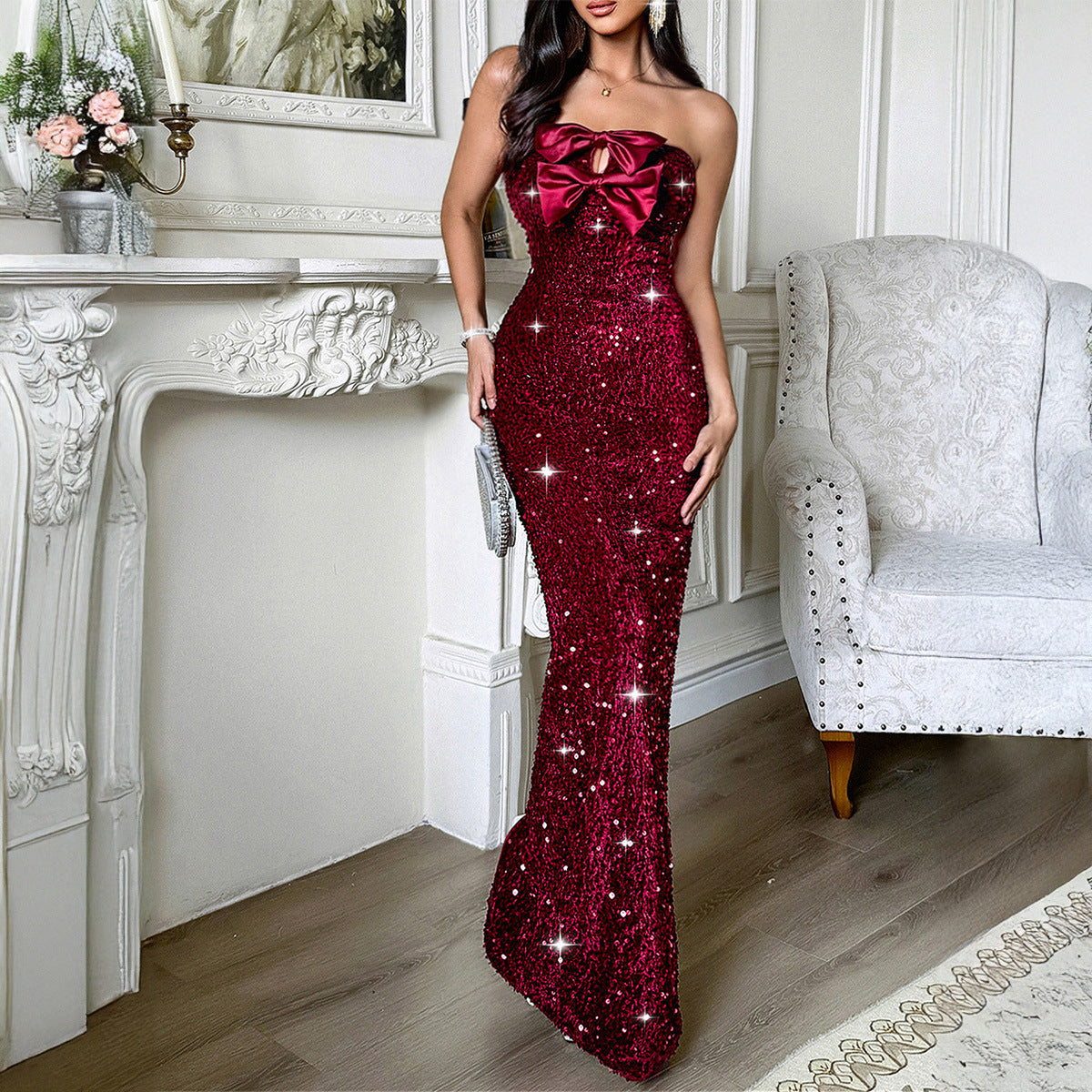 Formal Sequin Bow Tube Dress