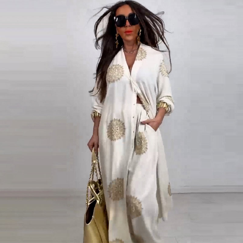 Elegant Print Wide Leg Pants Two Piece Set
