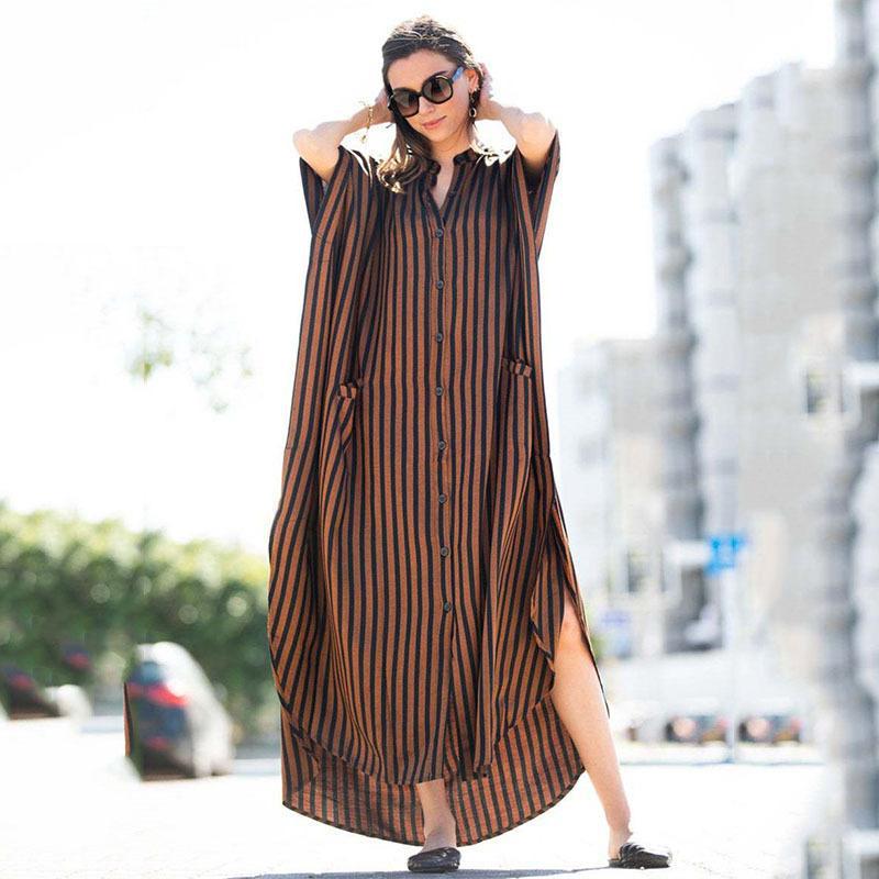 Black & Brown Striped Beach Robe ¨C Sexy Single-Breasted Bikini Cover-Up, Vacation Kimono