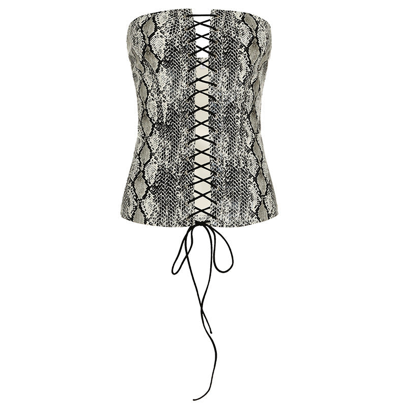Carrie Leather Animal Print Waist Shaping Lace up Tube Top
