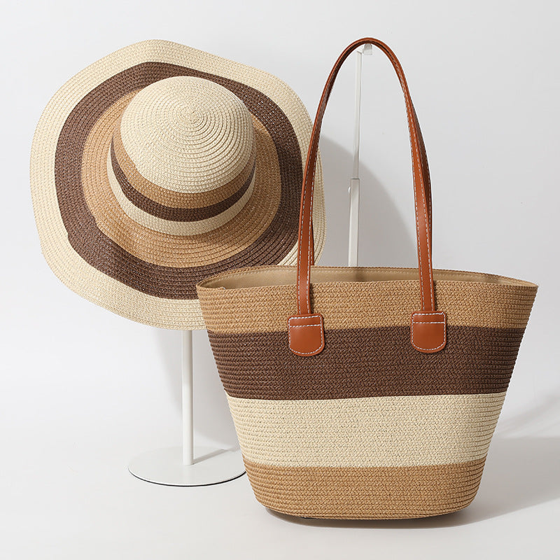Striped Woven Straw Beachy Set