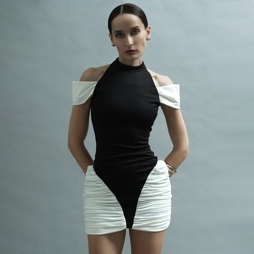 Cocktail Contrast Patchwork Hourglass Pleated Halter Dress