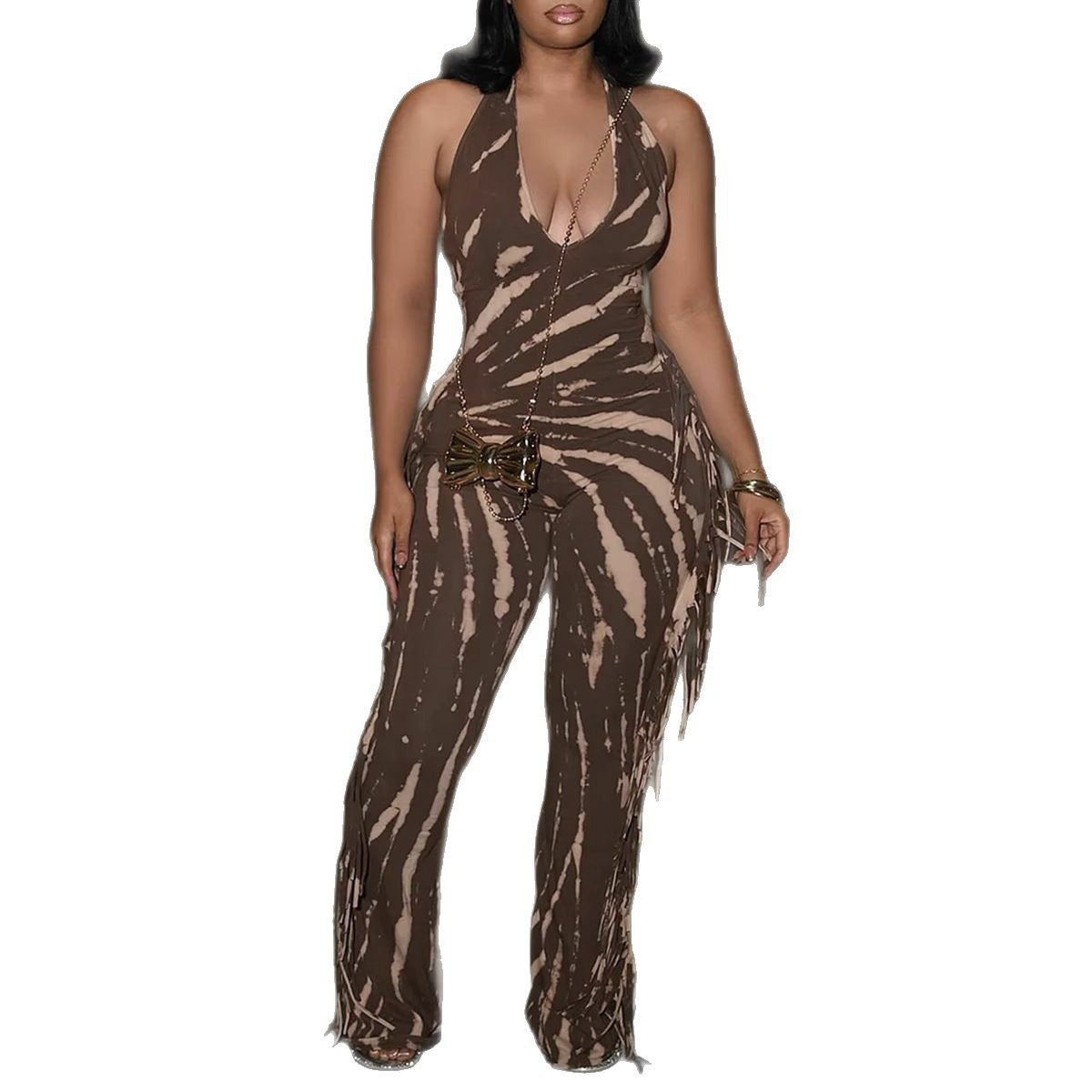 Elegant Backless Tassel Printed Halter Strap Jumpsuit