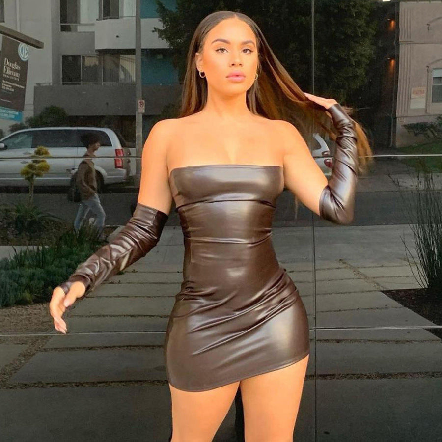 Leather Sexy Tube Sheath Sexy Dress w/ Sleeves