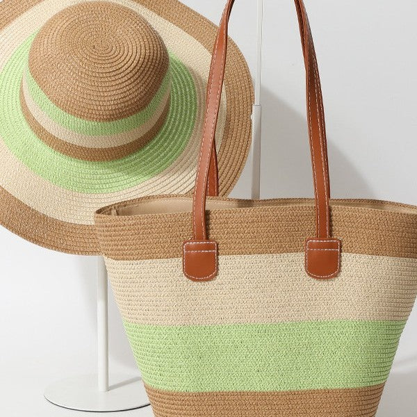 Striped Woven Straw Beachy Set