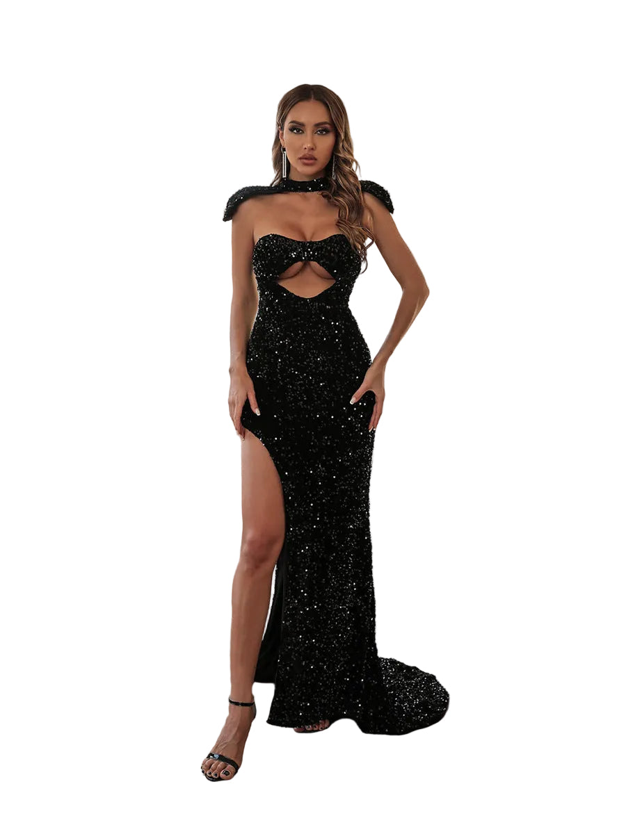 Formal Sequined Black Tube Top Dress
