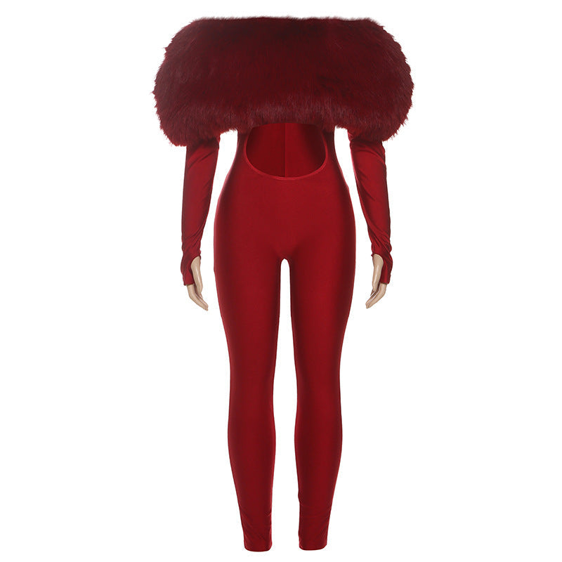 Furry Cropped Long Sleeve Jumpsuit