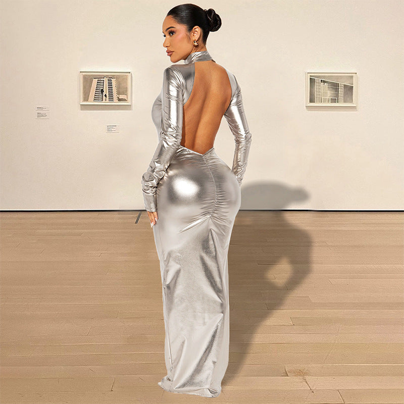 Formal Metallic Sexy Backless Slimming Coated Fabric Dress