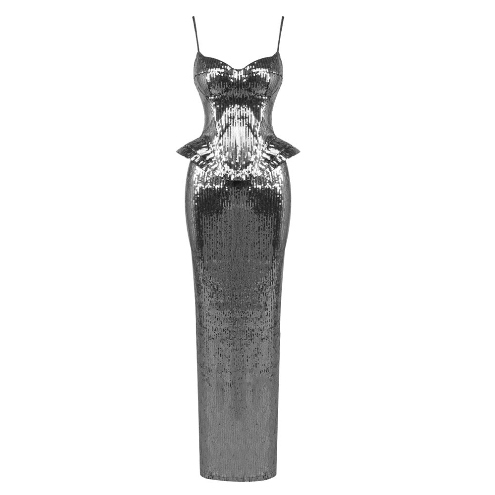 Formal Sequin Sling Backless Dress