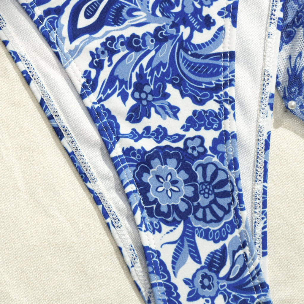 Apron Three Piece Bikini Vintage Print Tie Swimsuit