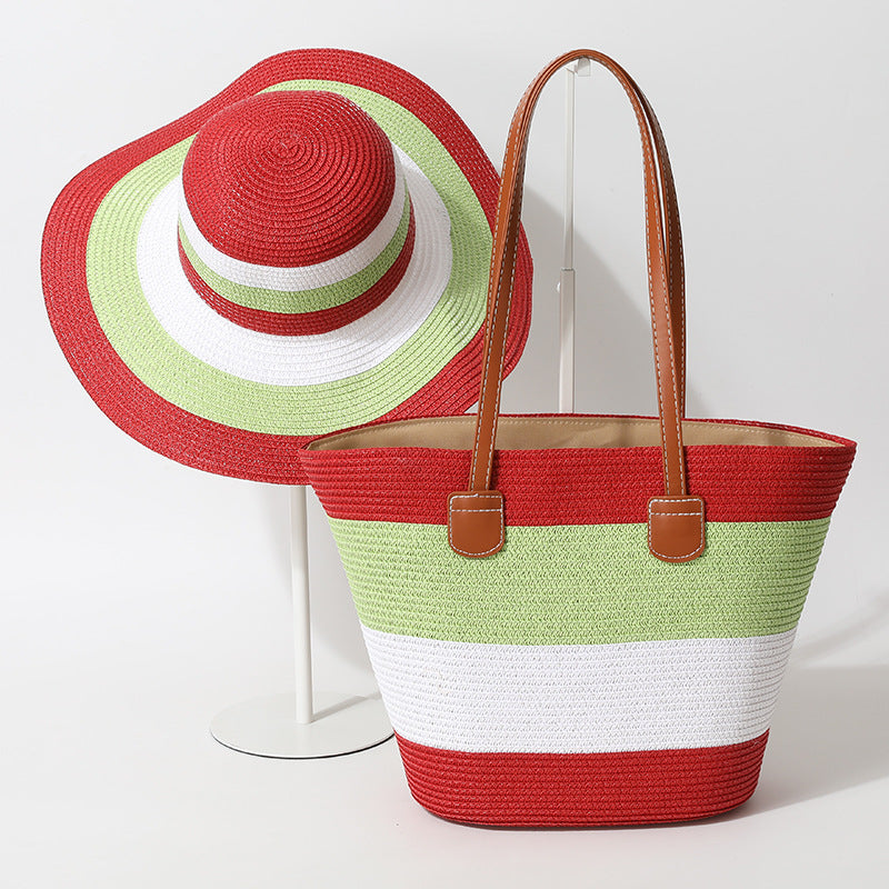 Striped Woven Straw Beachy Set