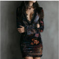 Elegant Mesh V neck Lace Printed Long Sleeved Dress