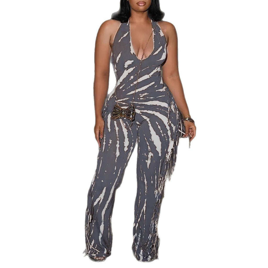Elegant Backless Tassel Printed Halter Strap Jumpsuit