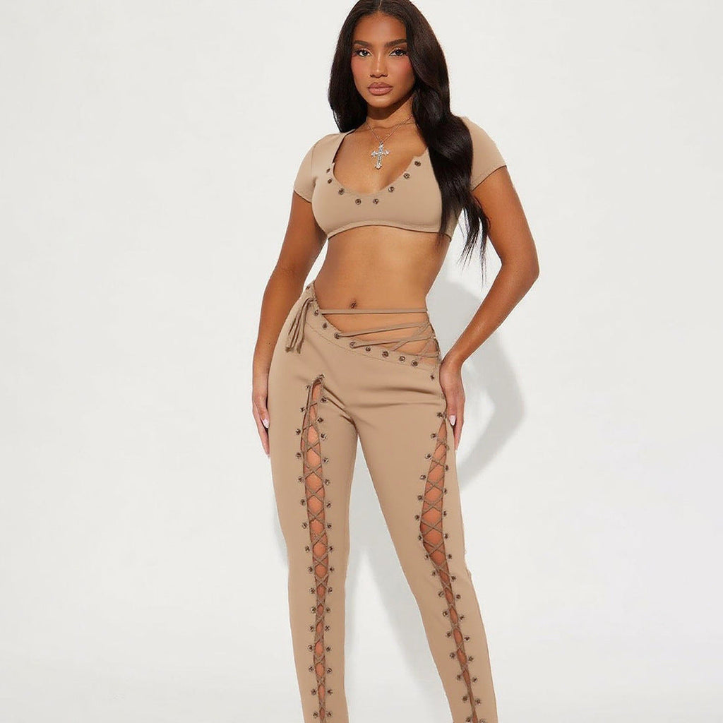 Sexy Lace Up Trousers Two Piece Set