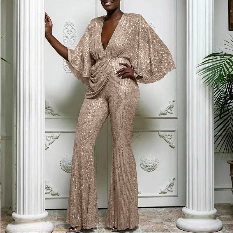 Deep V Sexy Sequin Backless Jumpsuit