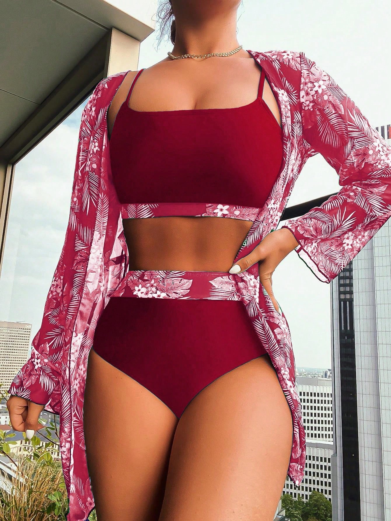 Maple Leaf Print 3PC Long Sleeve Bikini