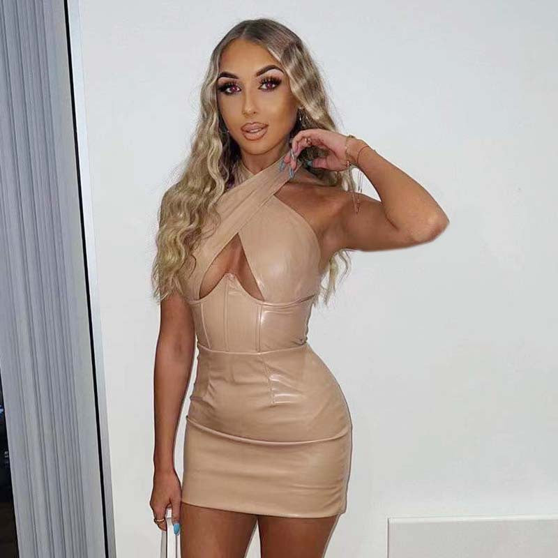 Leather  Halter Sexy Topless Slimming Sheath Sleeveless Dress