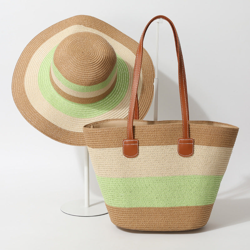Striped Woven Straw Beachy Set