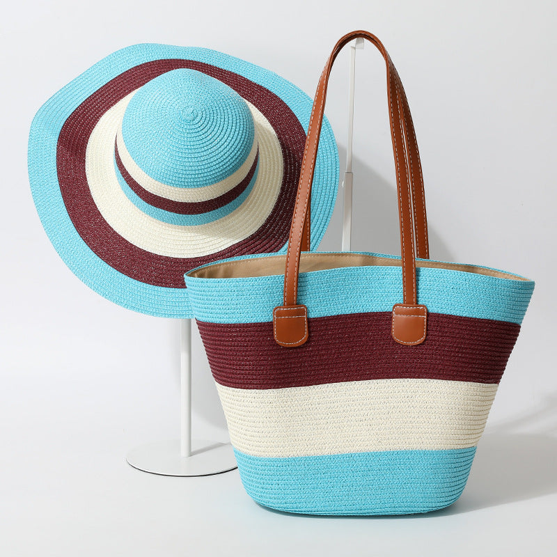 Striped Woven Straw Beachy Set