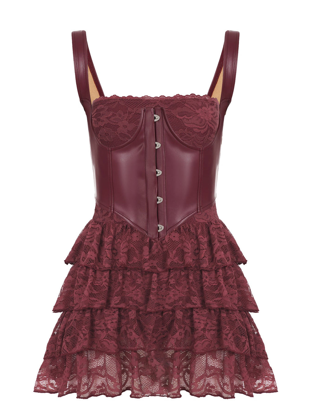Leather Bra Strap Lace Tiered Dress Set
