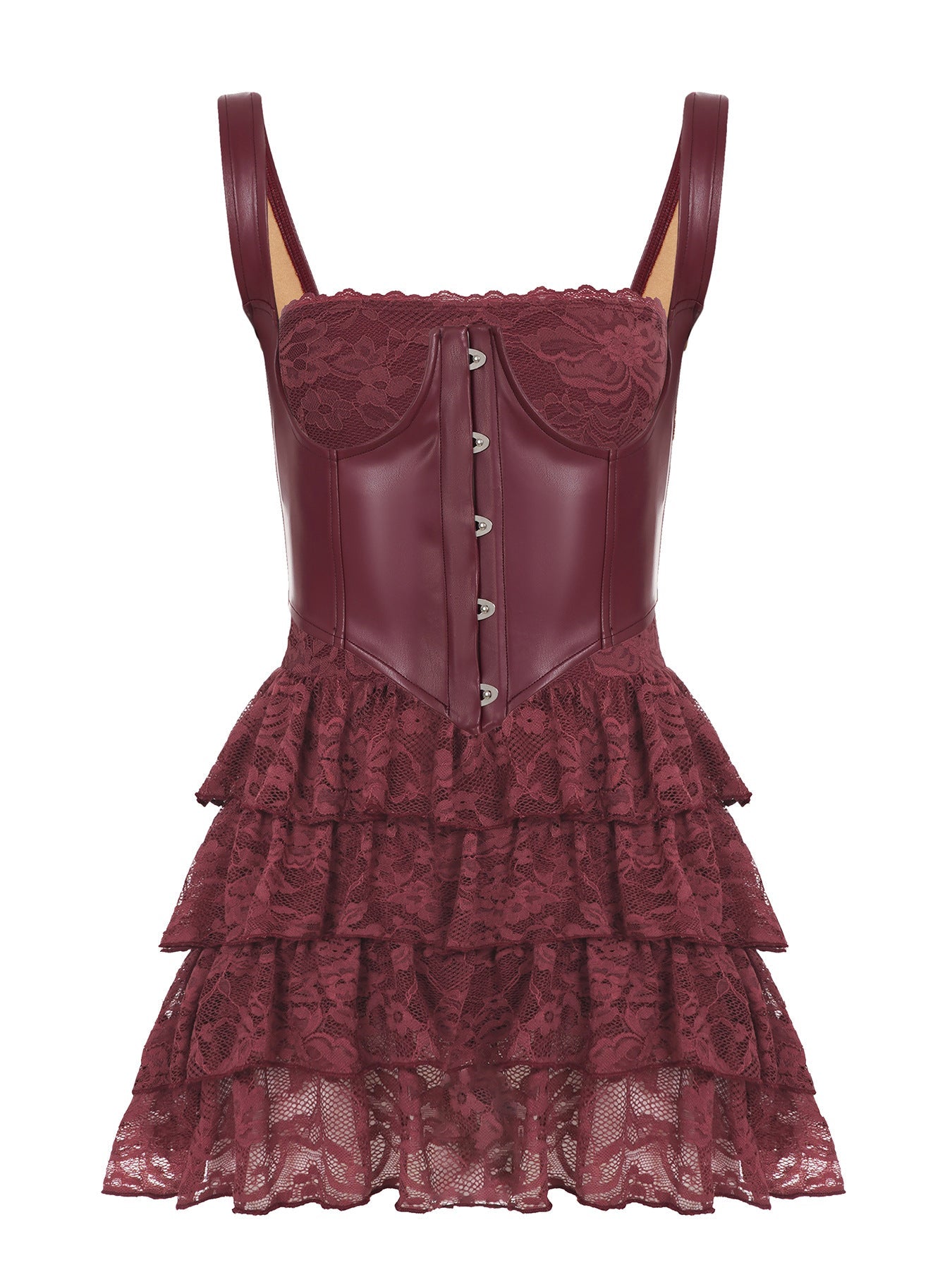 Leather Bra Strap Lace Tiered Dress Set