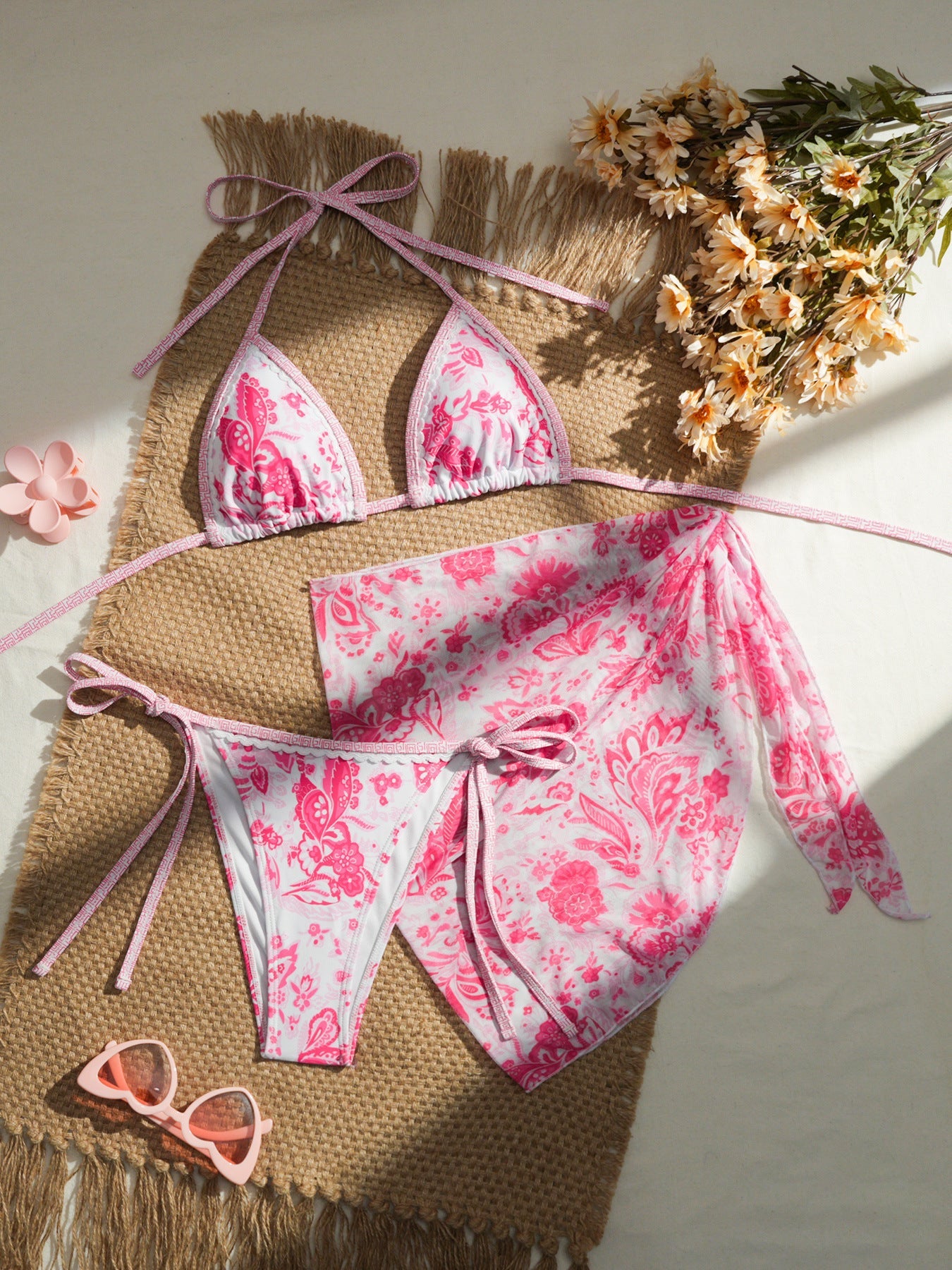 Apron Three Piece Bikini Vintage Print Tie Swimsuit
