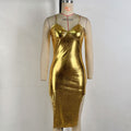 Formal Sexy Gold Asymmetric Spaghetti Strap Dress