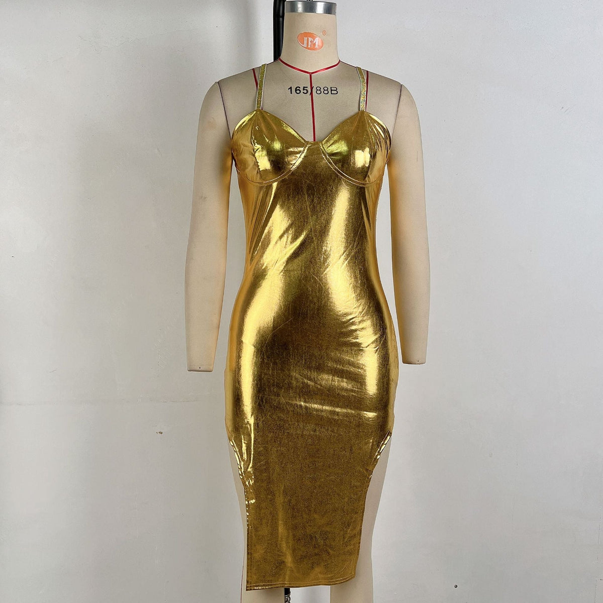 Formal Sexy Gold Asymmetric Spaghetti Strap Dress