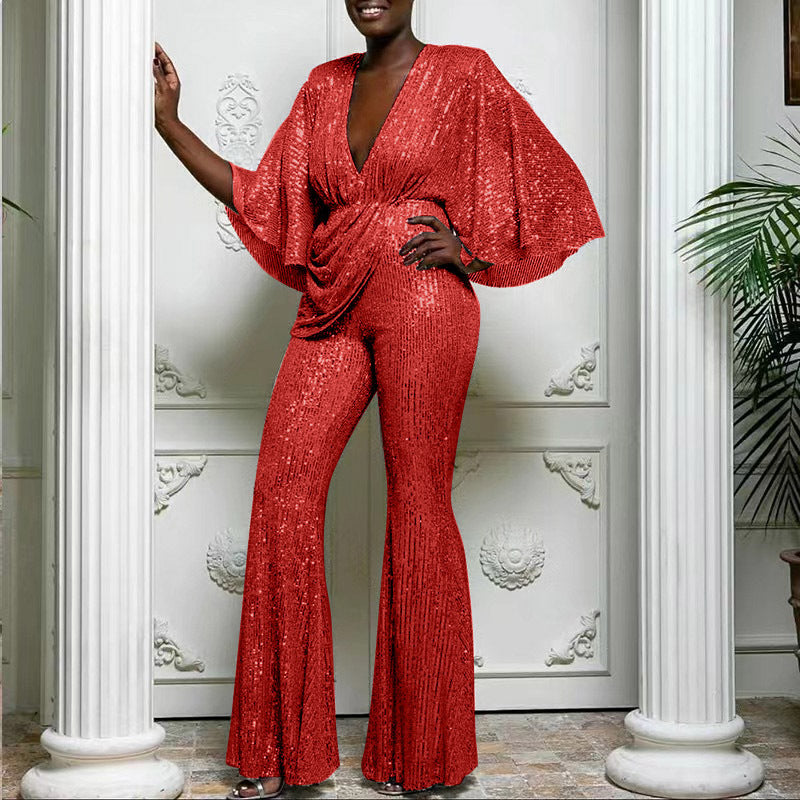 Deep V Sexy Sequin Backless Jumpsuit