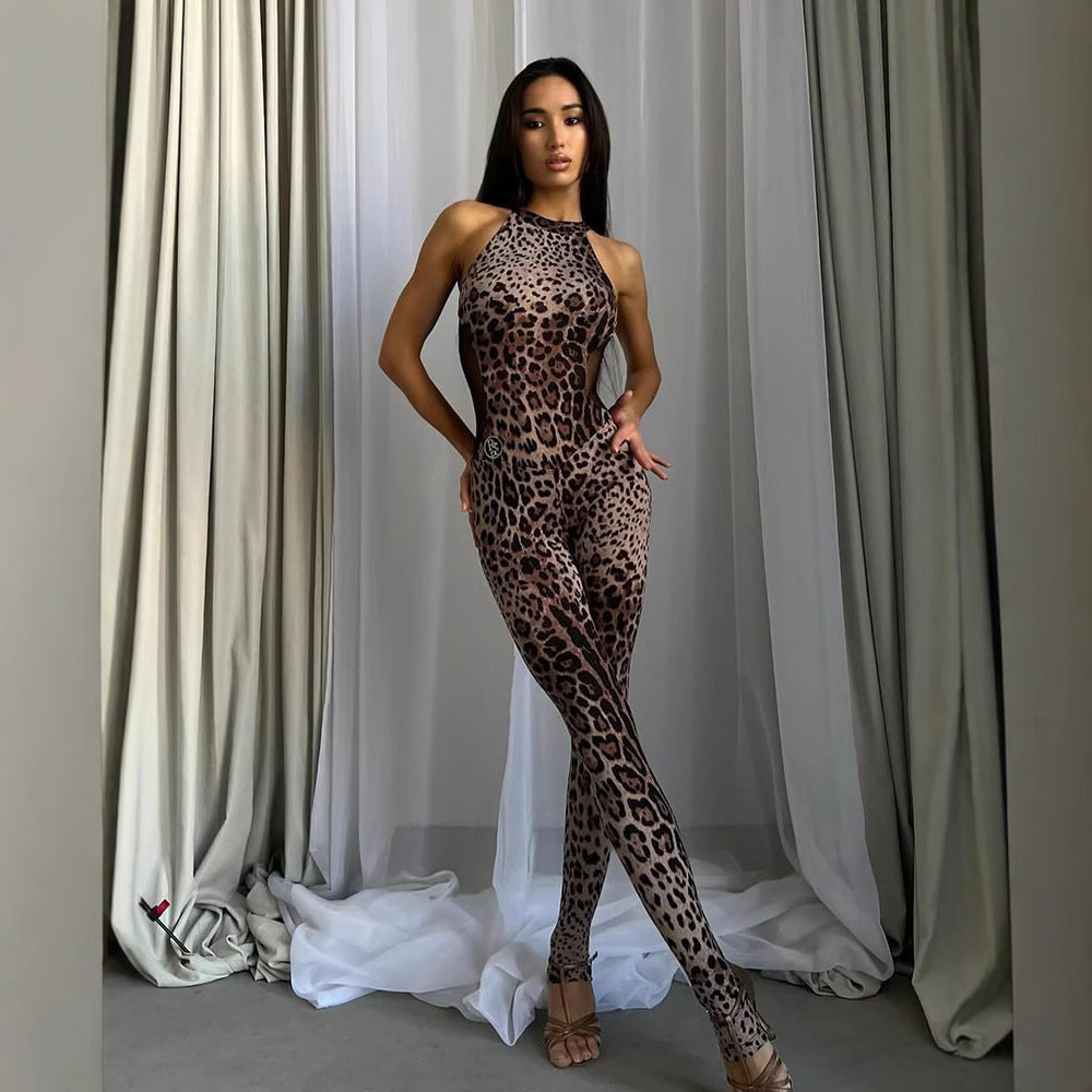 Leopard Print Printed Mesh Stitching Jumpsuit