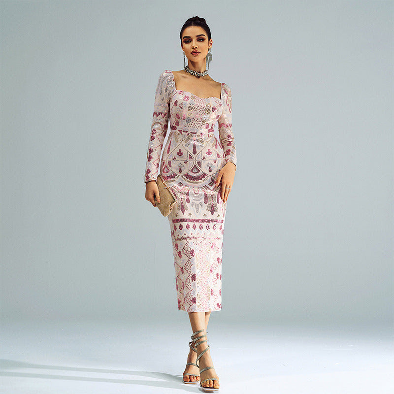 Formal High End Sequin Long Sleeve Square Collar Dress