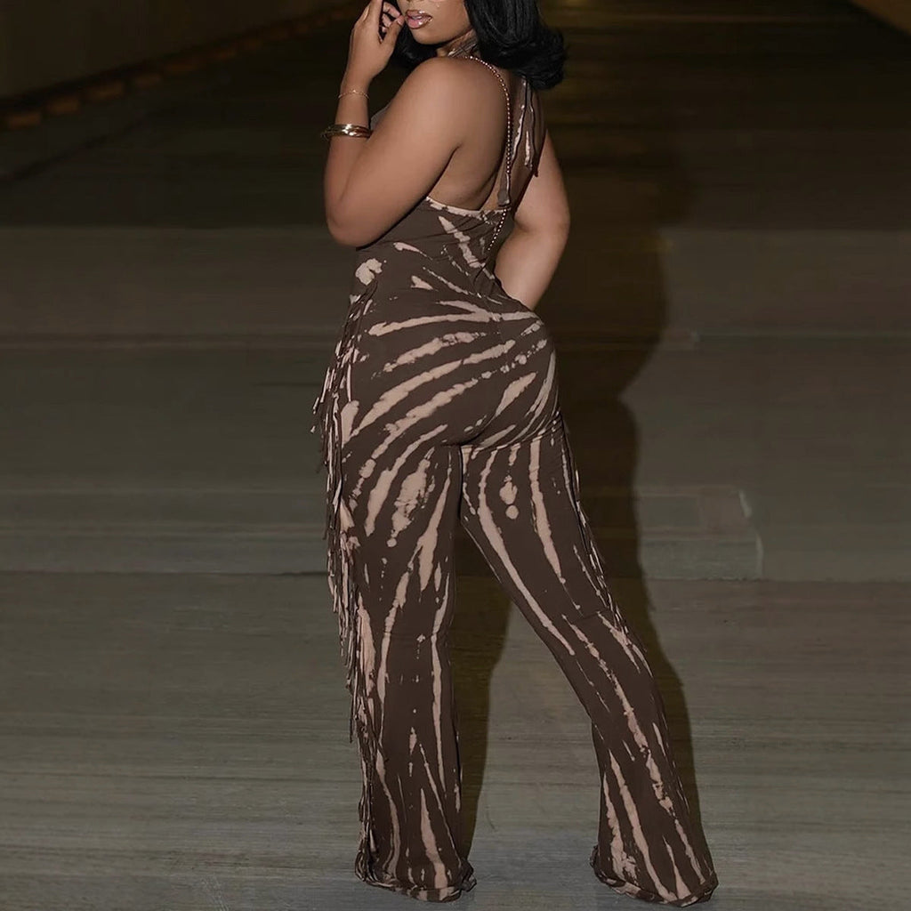 Elegant Backless Tassel Printed Halter Strap Jumpsuit