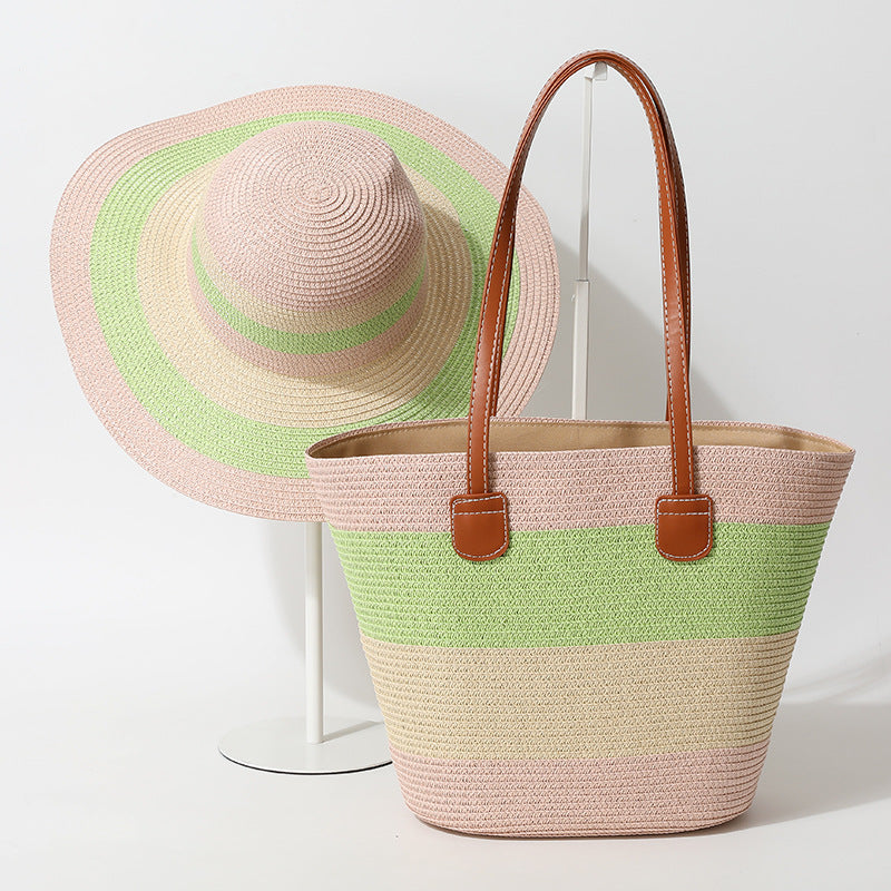 Striped Woven Straw Beachy Set