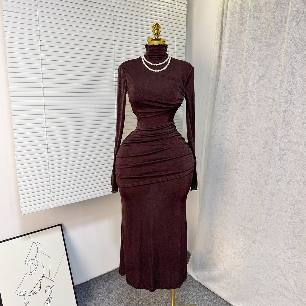 Spring Evening Gown – Elegant High-Neck Bodycon Long Sleeve Dress, Formal Cocktail Midi