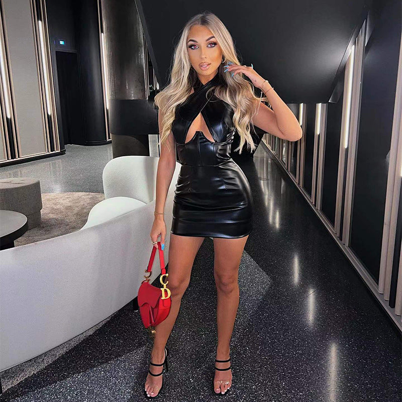 Leather Sexy Halter Sheath Sleeveless Dress