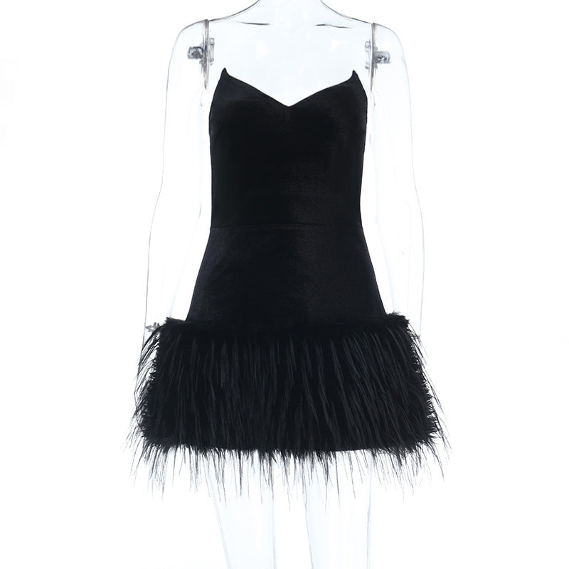 Cocktail Black Tube Top Sexy Socialite Furry Hem Short Dress