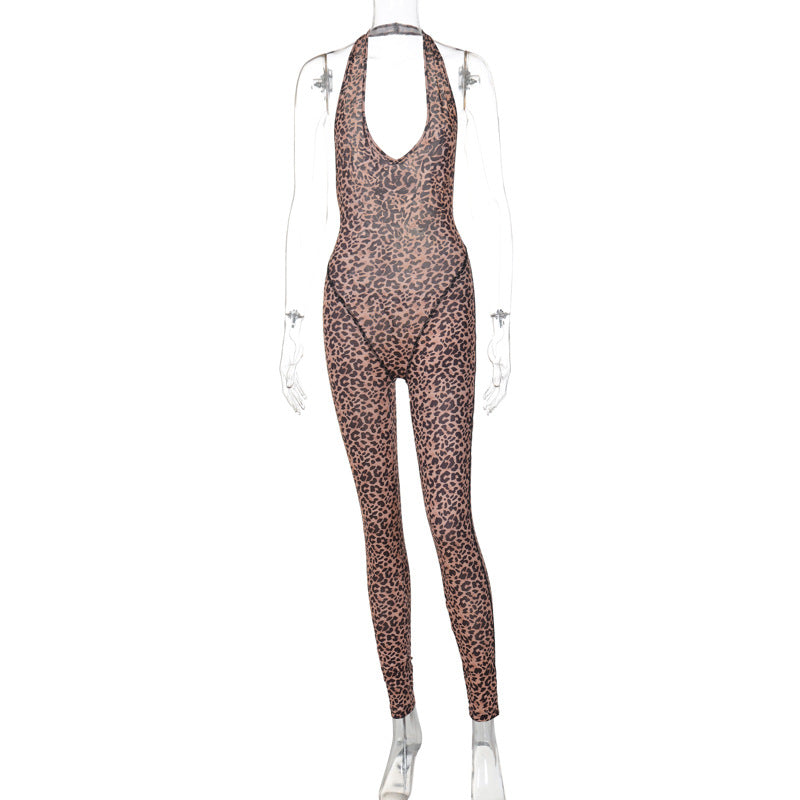 Leopard Print Printed Sexy V-neck Backless Slim Fit Halter Jumpsuit