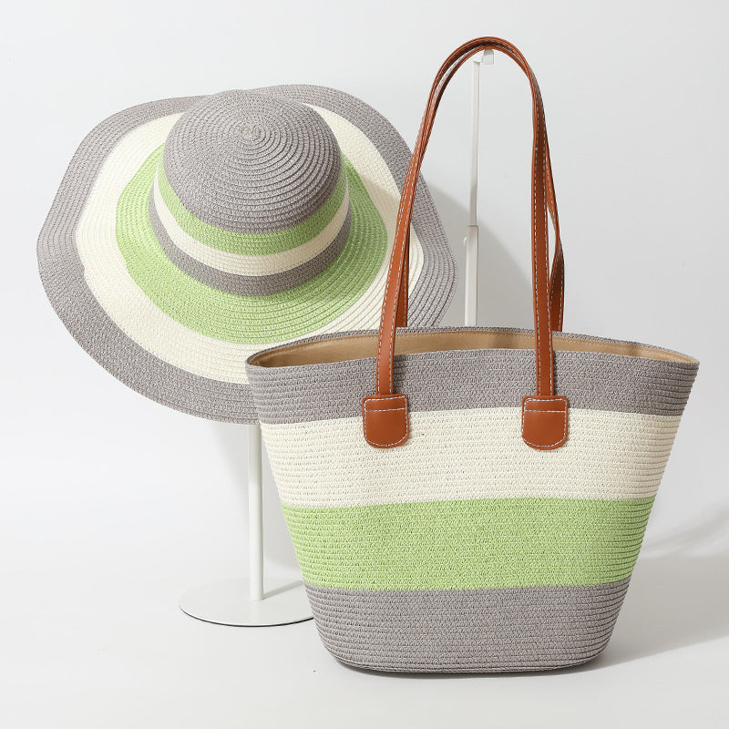 Striped Woven Straw Beachy Set