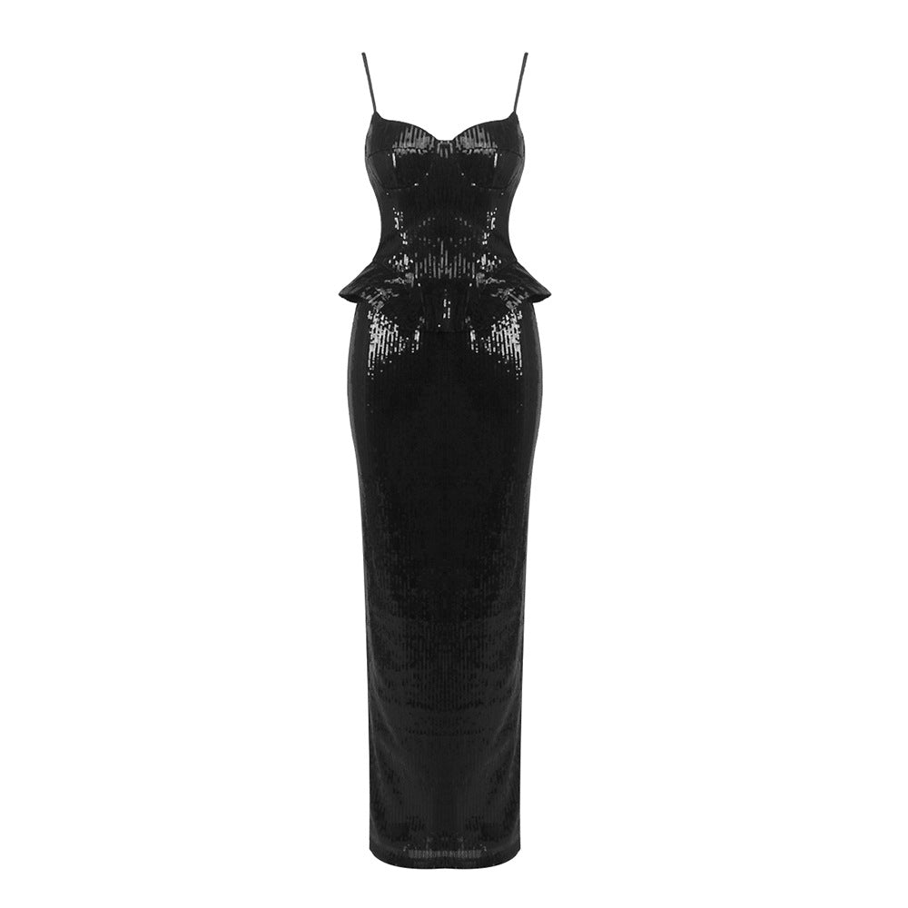 Formal Sequin Sling Backless Dress