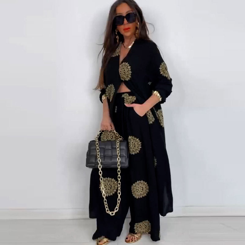 Elegant Print Wide Leg Pants Two Piece Set
