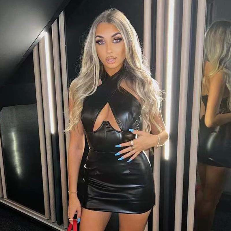 Leather Sexy Halter Sheath Sleeveless Dress