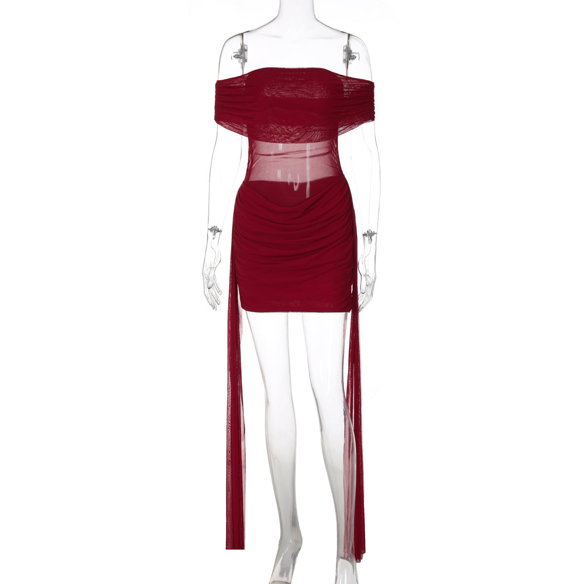 Women Mesh Stitching Sexy Spicy Girl Ribbon Off Shoulder Slim Fit Sheath Dress