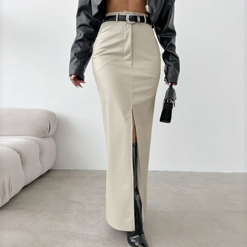 Elegant Fleece Lined Matte Leather High Waist Skirt No Belt