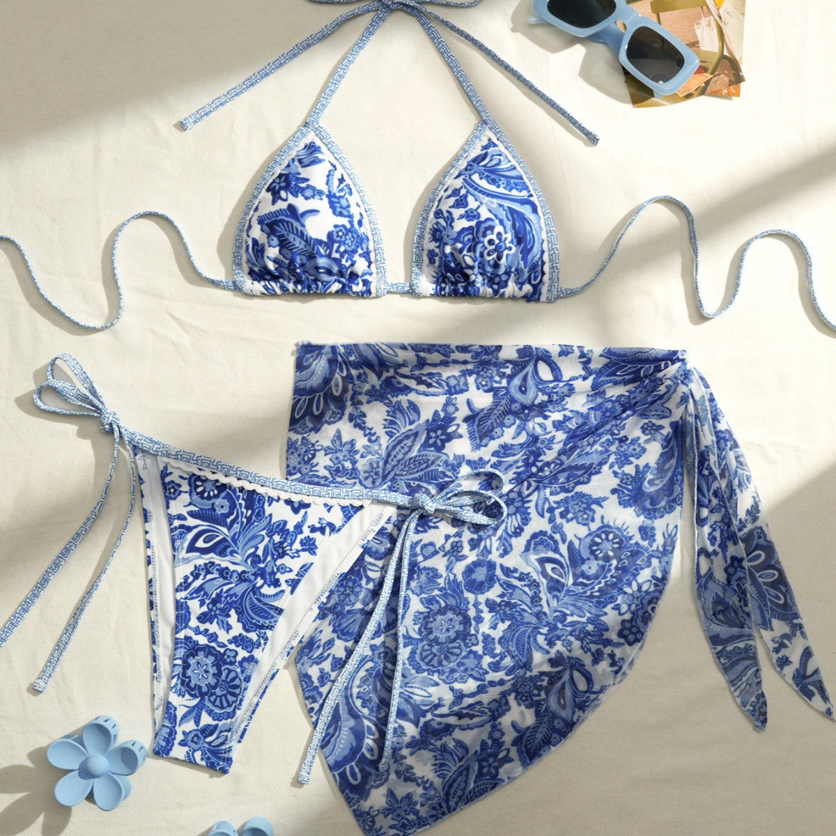Apron Three Piece Bikini Vintage Print Tie Swimsuit