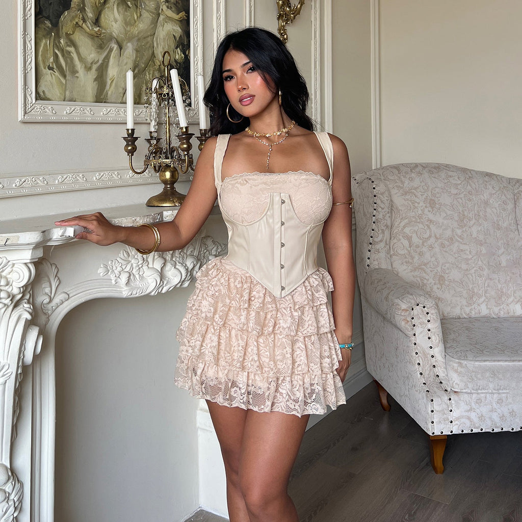 Leather Bra Strap Lace Tiered Dress Set