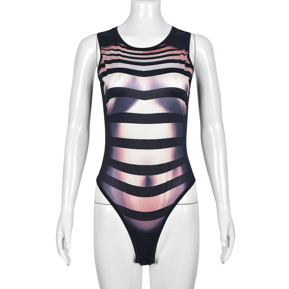 Sexy Sleeveless Printed High Elastic Bodysuit
