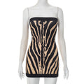 Women Sexy Zebra Print Tube Top Backless Slim A line Dress