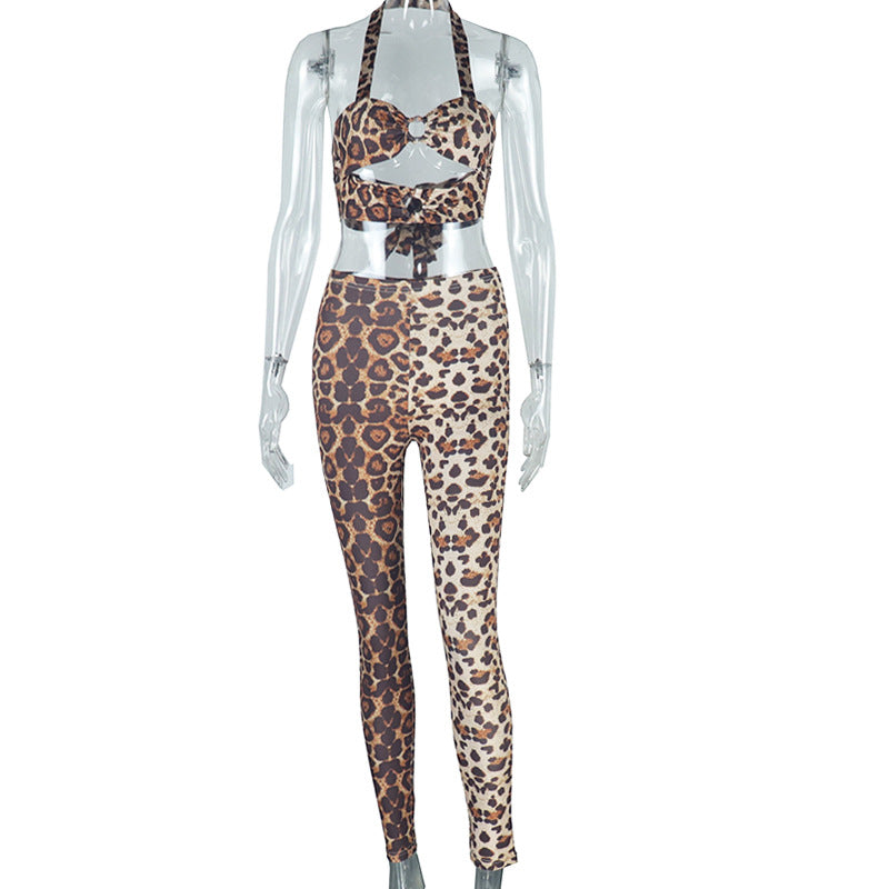Leopard Print Printing Sexy Bandeau Suspender Trousers Set