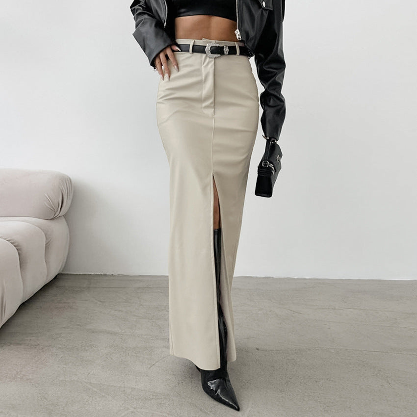 Elegant Fleece Lined Matte Leather High Waist Skirt No Belt