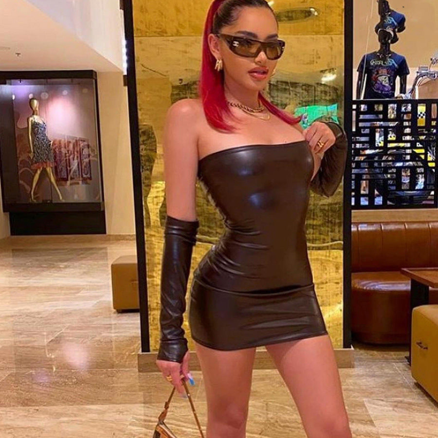 Leather Sexy Tube Sheath Sexy Dress w/ Sleeves